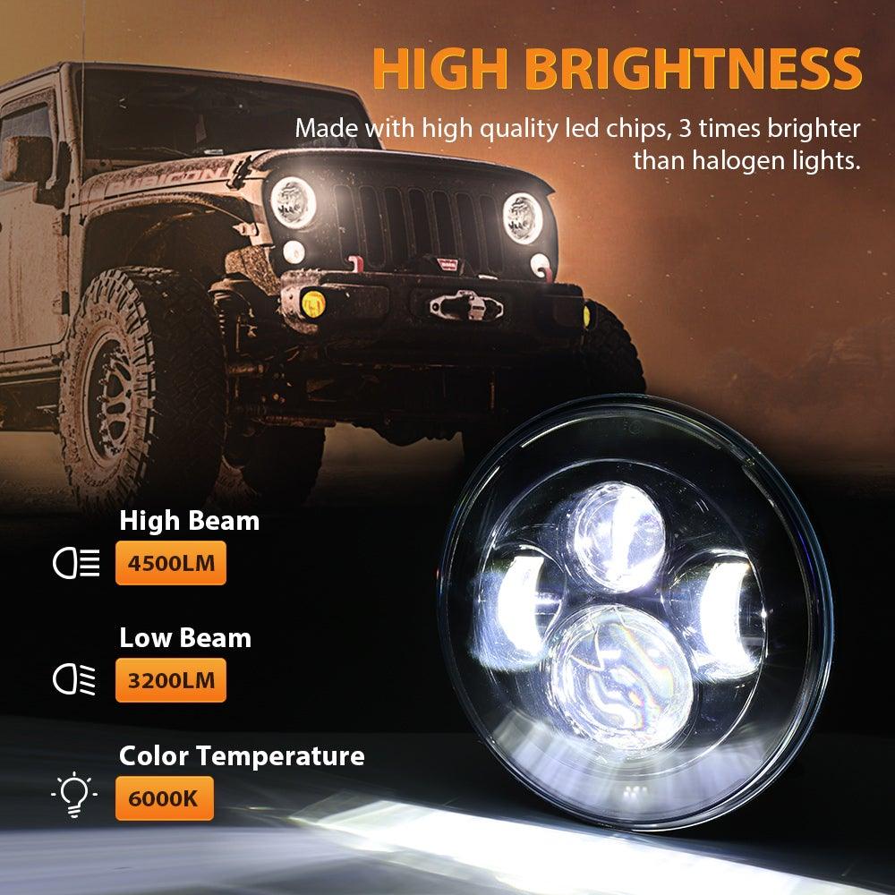 7 Inch LED Headlight Replacement with Halo Ring+ H4 LED Headlight Brightness Intensifier Wiring Harness for Jeep Wrangler JK TJ LJ