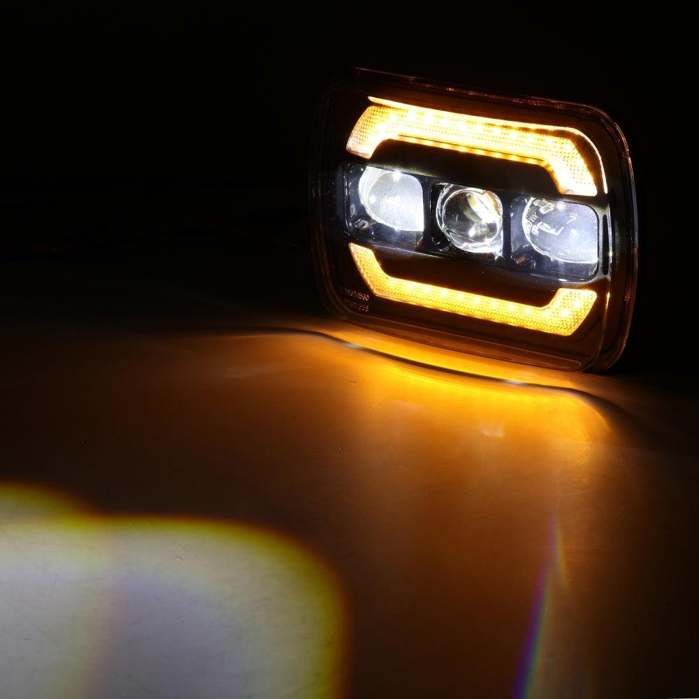 (2pcs/set) 7x6 Inch Sealed Beam LED Headlights with Hi-Lo Beam Yellow Turn Signal White DRL Lamps