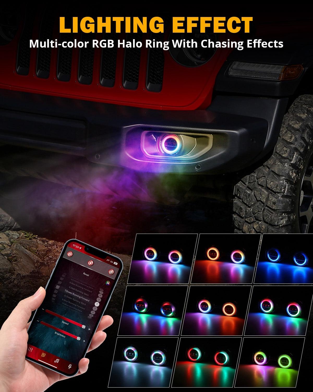 Upgraded 4 Inch LED Fog Lights with RGB Halo Ring & Turn Signal Light, Bluetooth Control for Jeep Wrangler JK/JL 2018-2024