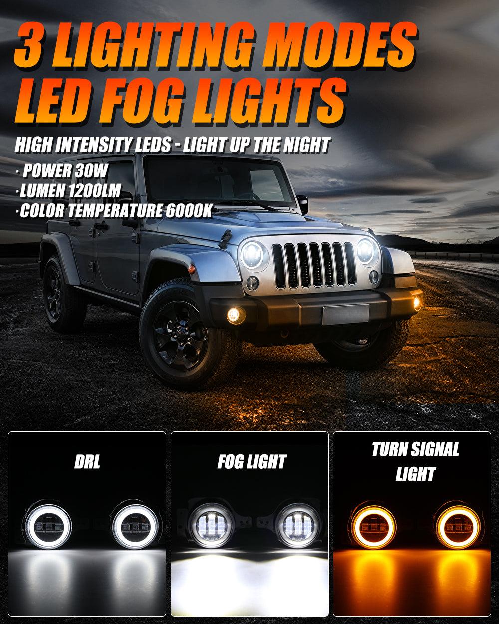 9'' LED Halo Headlights & 4'' 30W LED Fog Lights with White DRL+Amber Turn Signal For Jeep Wrangler JL 2018-2020