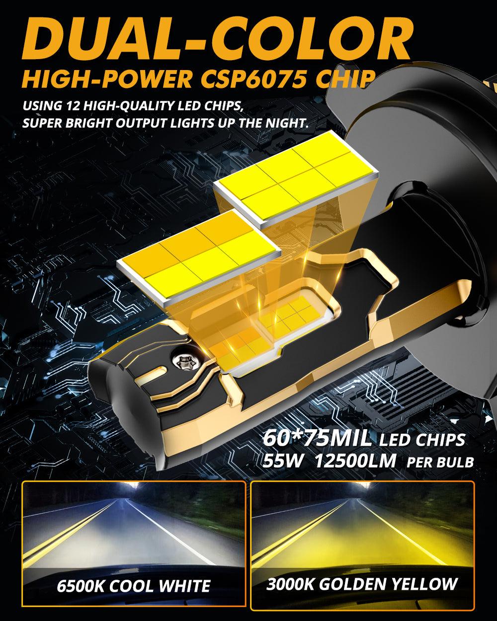 H4 LED Headlight Bulbs 110W 25000LM GX Bi-Color Series High Power & Brightness Dual Color Switchback | 2 Bulbs