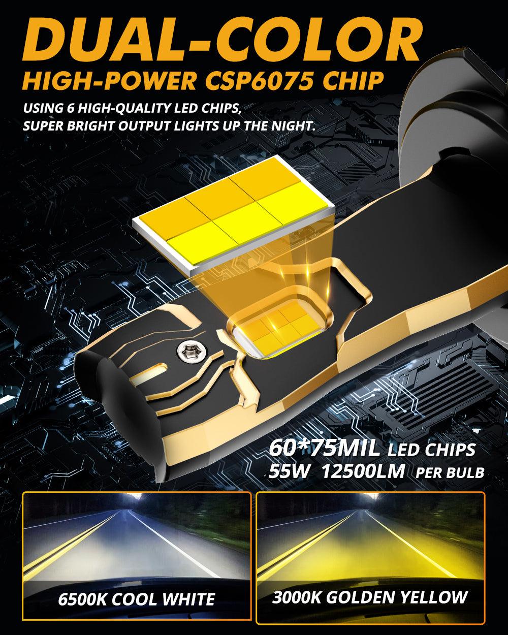 H7 LED Bulb Fog Lights/Low Beam Lights 110W 25000LM GX Bi-Color Series High Power & Brightness Dual Color Switchback | 2 Bulbs