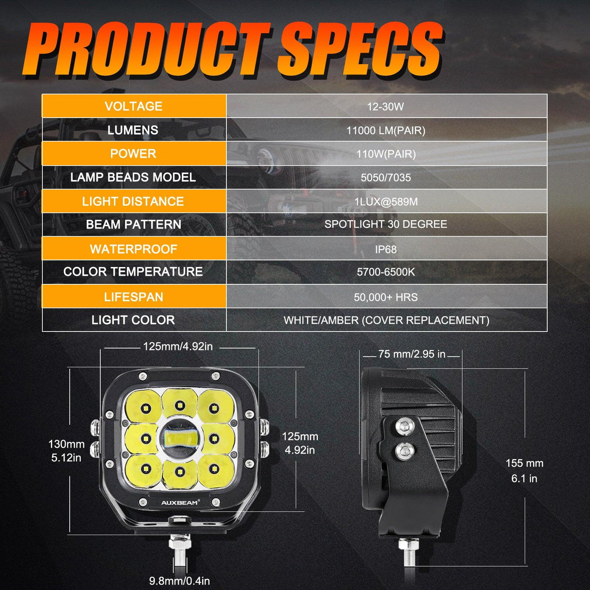 6Pcs 5 Inch 110W White/Amber LED Pods Lights with Power Harness