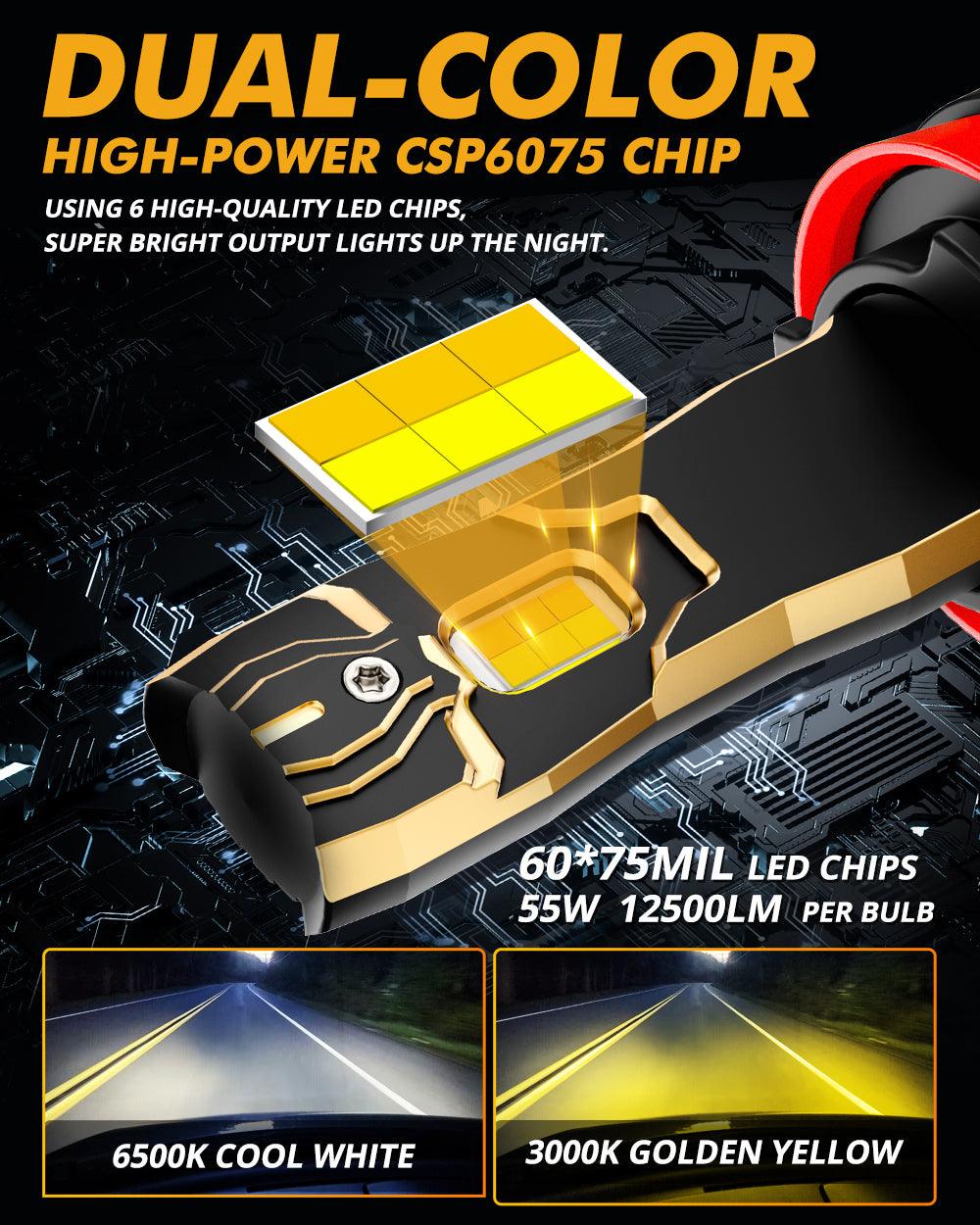 H11/H9/H8/H16JP LED Bulb Fog Lights/Low Beam Lights 110W 25000LM GX Bi-Color Series High Power & Brightness Dual Color Switchback | 2 Bulbs