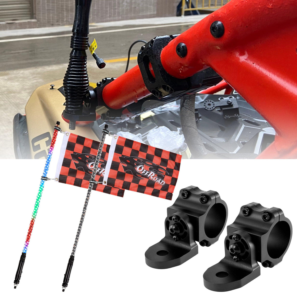3FT/4FT LED RGB Whip Lights with Bluetooth/ Remote Controlled & Black Universal Flagpole Light Mount for all UTVs with 1.75" to 2" Roll Cage