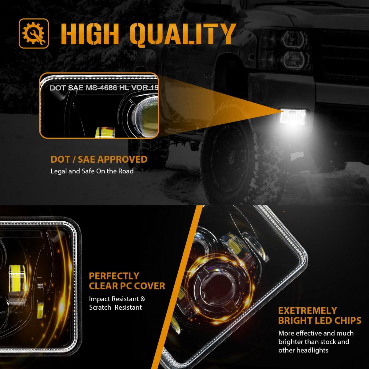 4X6 Inch 55W Rectangular LED Headlight Dot Approved Black