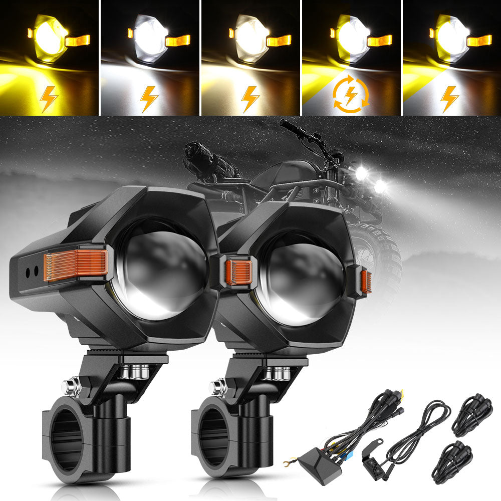 π3 Inch Motorcycle LED Spotlight Bi-LED Projector Lens Headlight 120W Dual Color Switchback LED Work Light 3+5 Light Modes for Motorcycle SUV ATV Trucks | 2PCS/Set