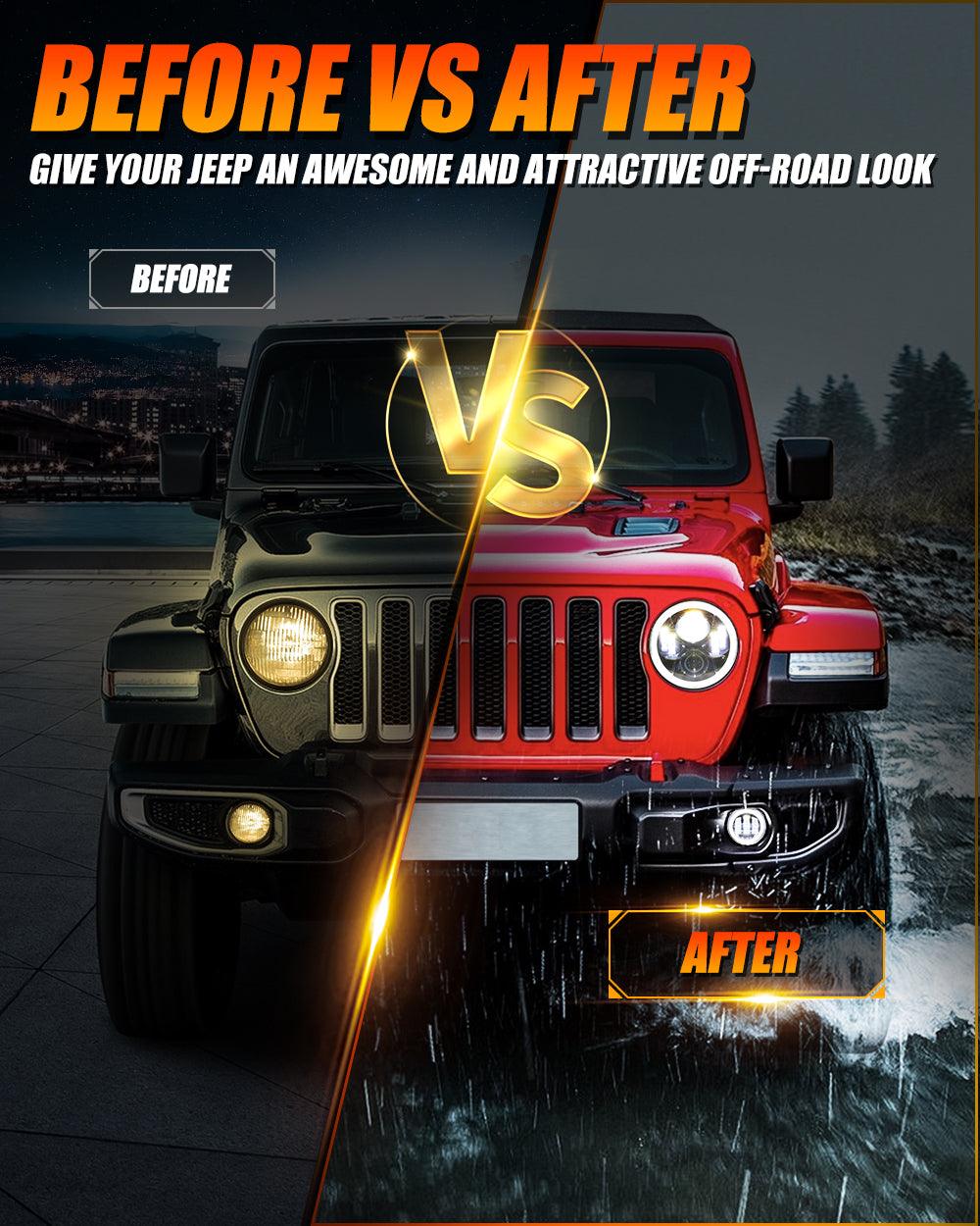 9'' LED Halo Headlights & 4'' 30W LED Fog Lights with White DRL+Amber Turn Signal For Jeep Wrangler JL 2018-2020