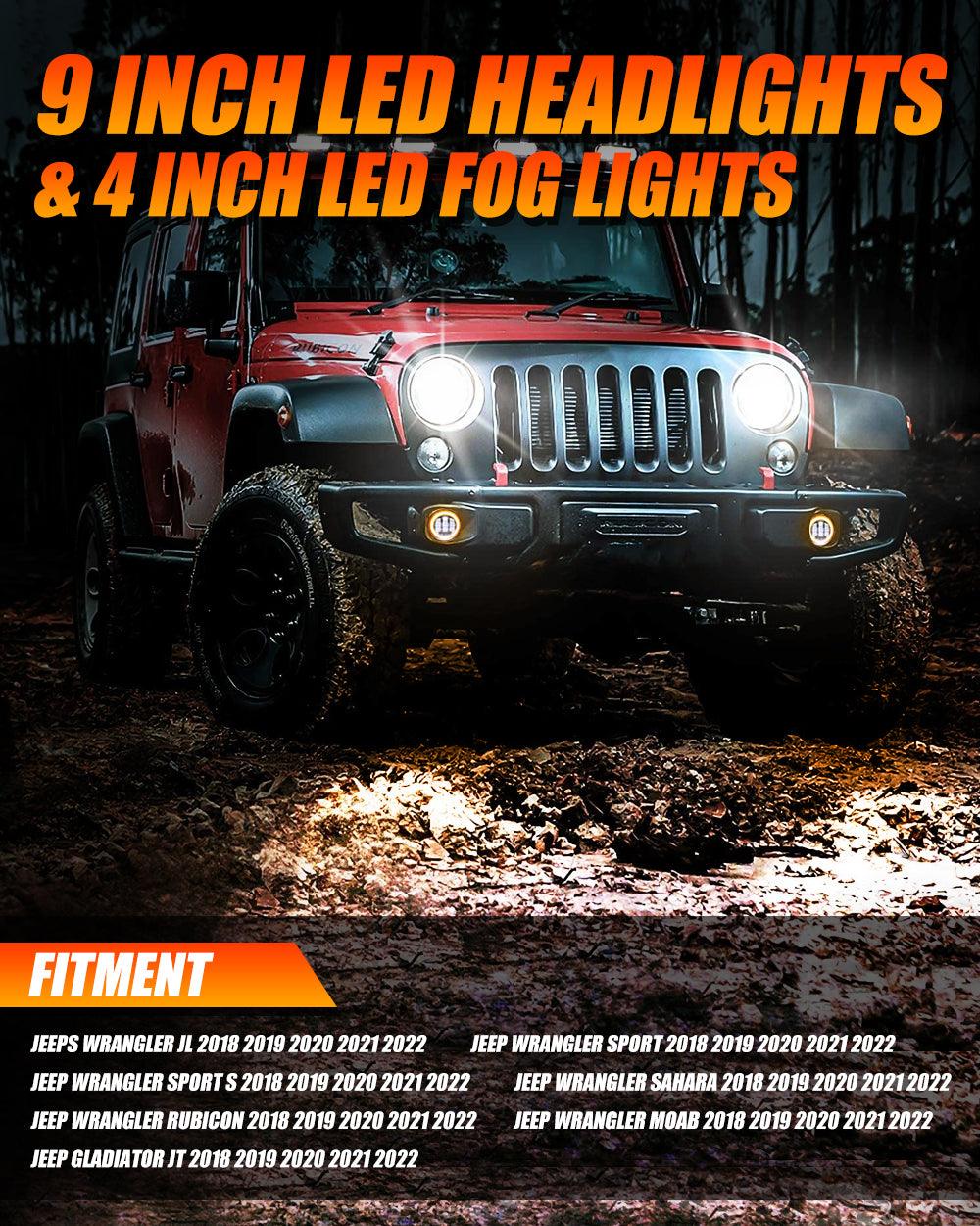 9'' LED Halo Headlights & 4'' 30W LED Fog Lights with White DRL+Amber Turn Signal For Jeep Wrangler JL 2018-2020