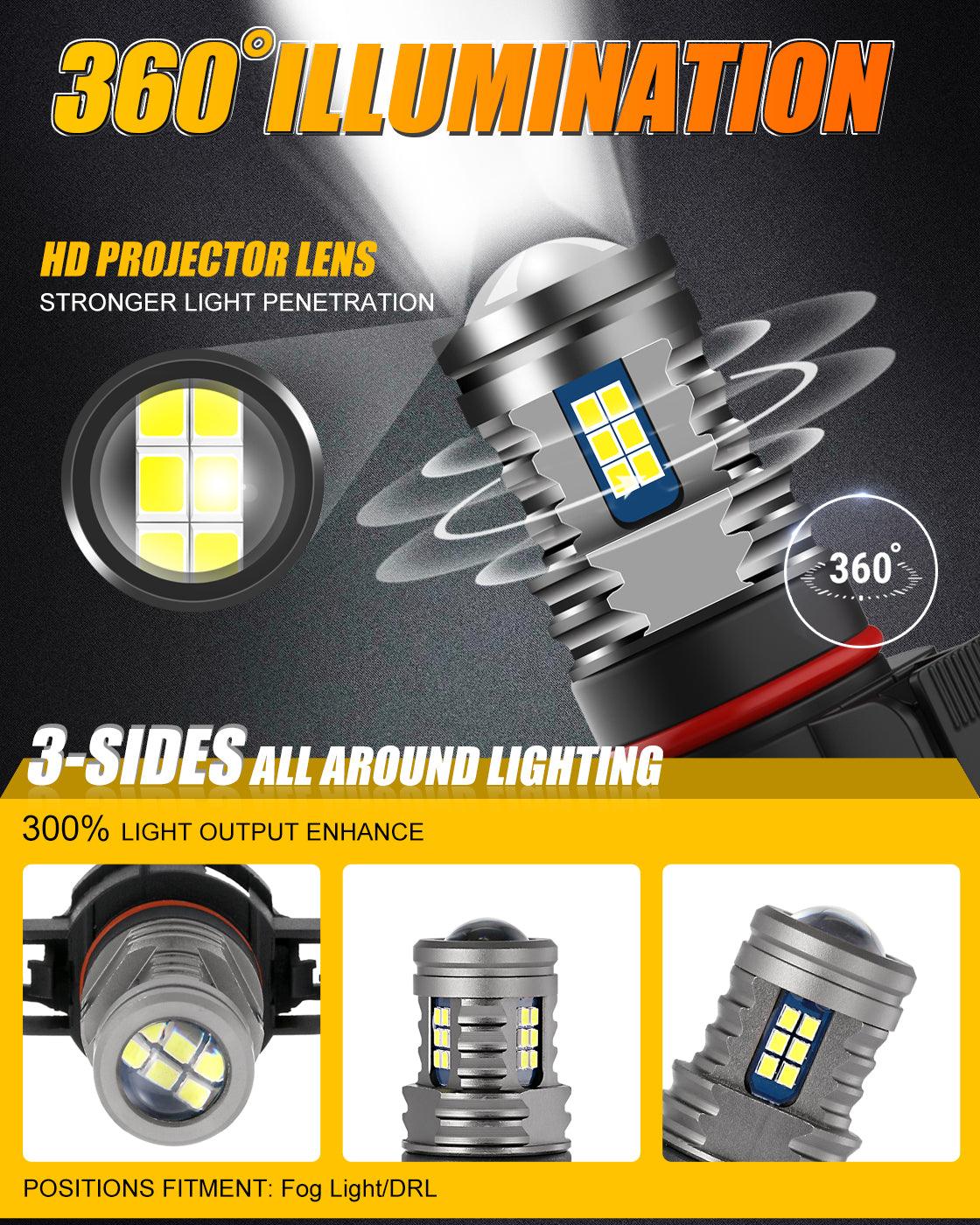 (2pcs/set) 5202/5201/PS24W/H16EU Y2 Series 3-Sides Cool White/Golden Yellow LED Fog Light/DRL