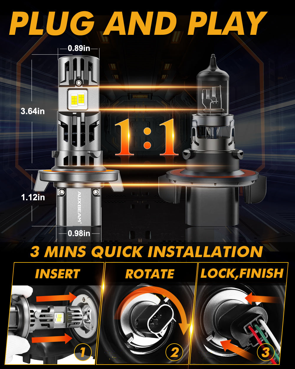 Auxbeam H13/9008 LED Headlight Bulbs - 36,000LM 130W 6500K Cool White - 900% Brighter