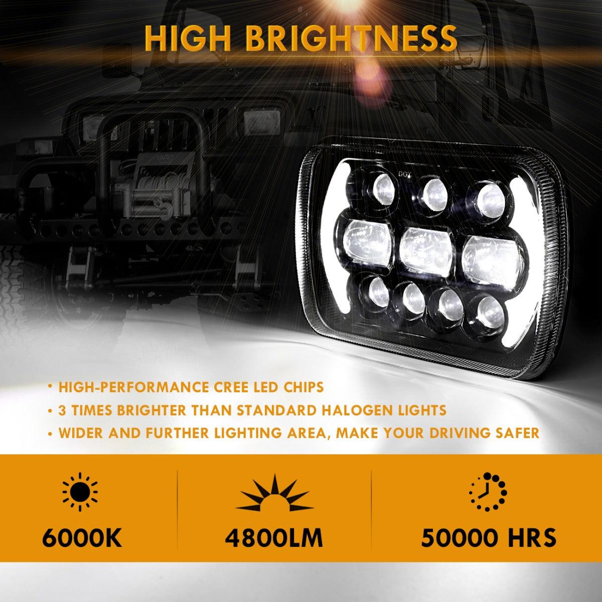 (2pcs/set) 130W 7x6 LED Headlight with DRL for Jeep Wrangler YJ XJ MJ/ Ford/ Savana/  Trucks (Black/Chrome)