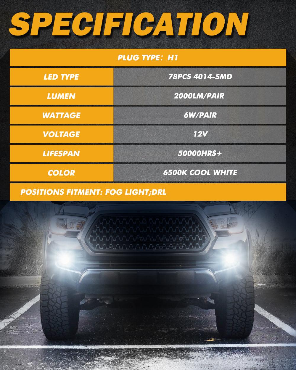 H1 LED Fog Light/DRL Bulbs 6W 2000ML 6500K White | 2 Bulbs
