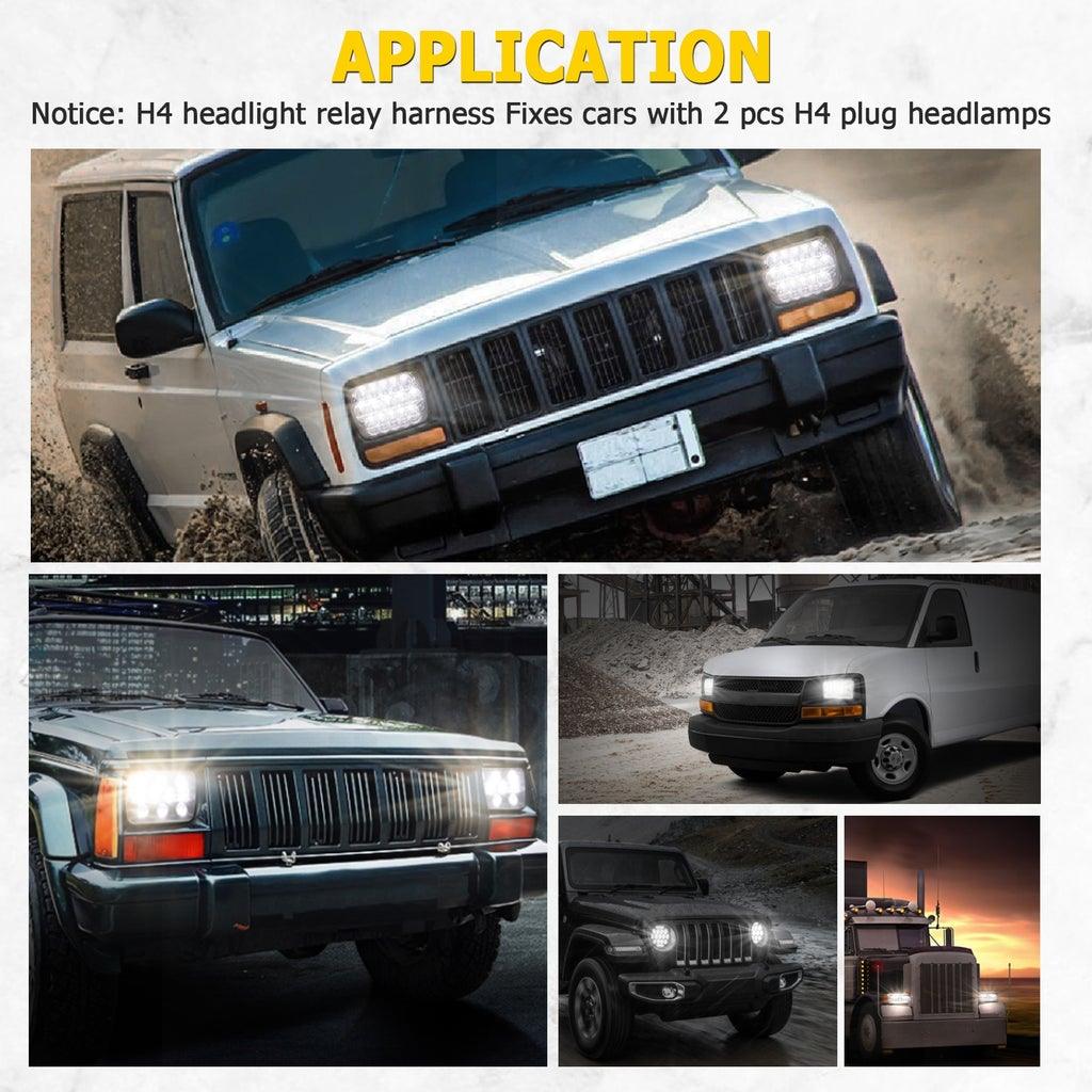 7x6 Inch LED Projector Headlights + H4 LED Headlight Brightness Intensifier Wiring Harness for Jeep Wrangler YJ XJ MJ