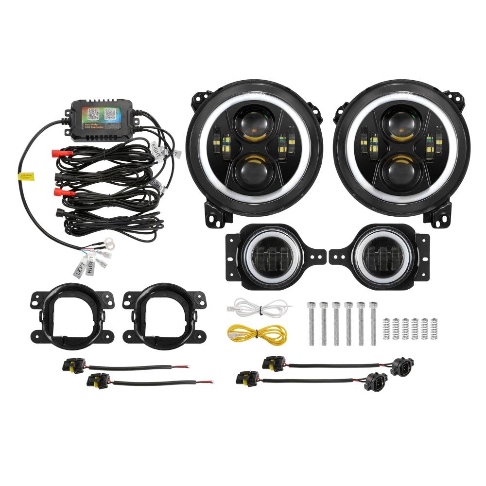 Upgraded RGB 9 Inch Headlights + 4 Inch Fog Lights Combo for Jeep Wrangler JL with APP Control