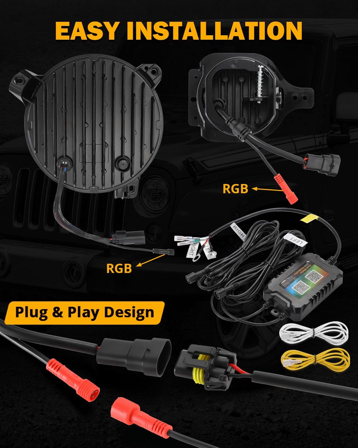 Upgraded RGB 9 Inch Headlights + 4 Inch Fog Lights Combo for Jeep Wrangler JL with APP Control