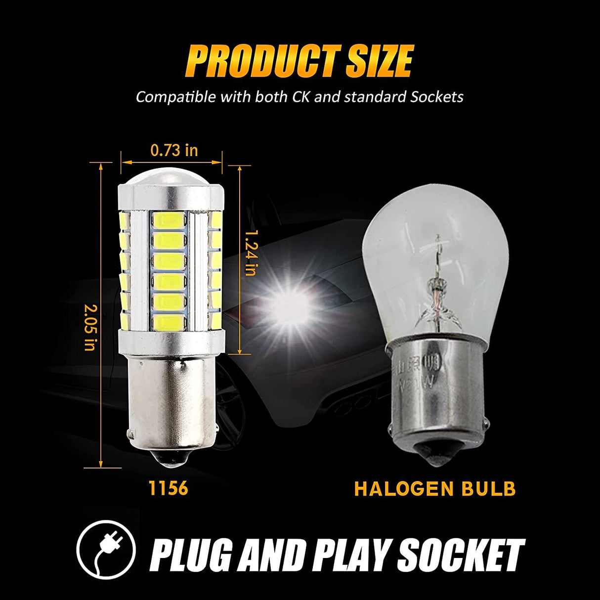 1156 P21W BA15S LED Brake/Reverse/Parking/Tail/Turn Singnal Light Bulbs 50W 8000LM Cool White/Amber/Red 33 Series | 2 Bulbs