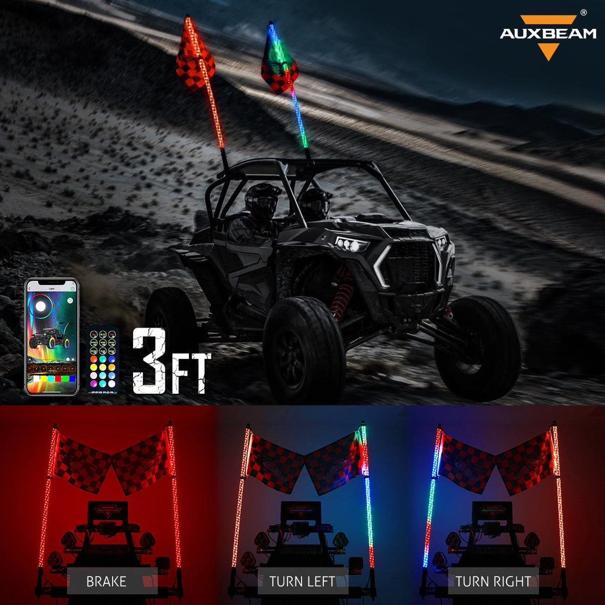 3FT/4FT LED RGB Whip Lights with Bluetooth/ Remote Controlled & Black Universal Flagpole Light Mount for all UTVs with 1.75" to 2" Roll Cage