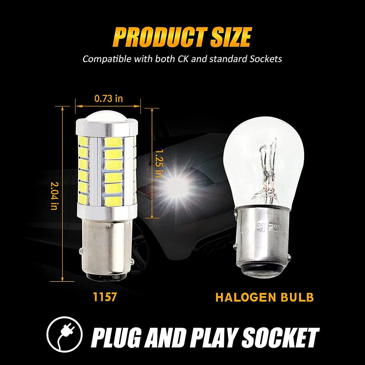 1157 BAY15D LED Backup Reverse/Turn Signal/Brake Tail/Side Marker Light Bulbs 20W 4000LM 6500K White 33LED Series | 2 Bulbs