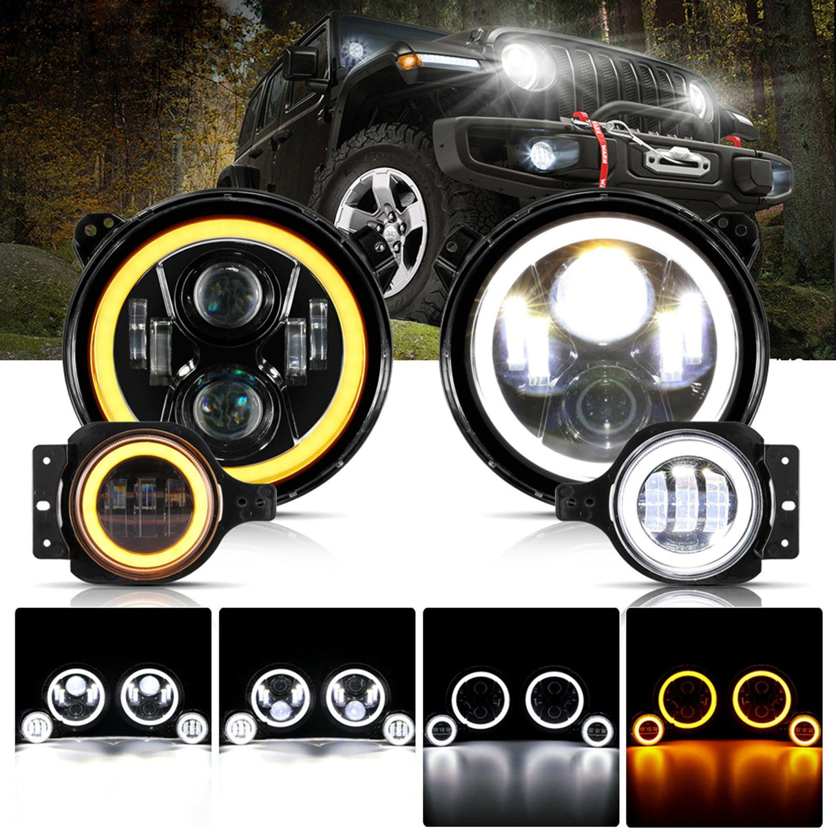 9'' LED Halo Headlights & 4'' 30W LED Fog Lights with White DRL+Amber Turn Signal For Jeep Wrangler JL 2018-2020