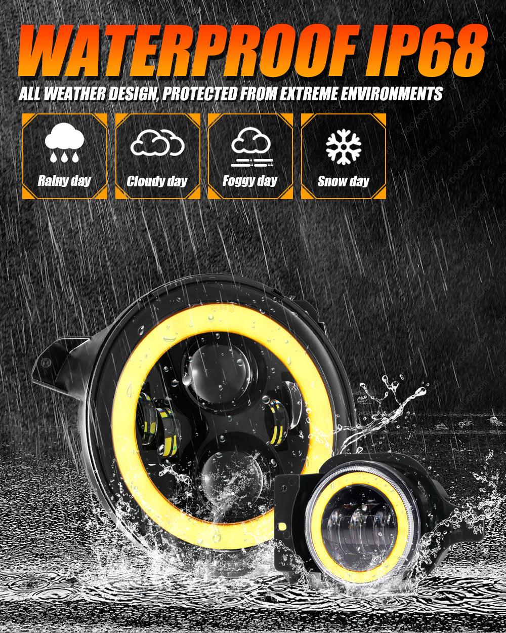 9'' LED Halo Headlights & 4'' 30W LED Fog Lights with White DRL+Amber Turn Signal For Jeep Wrangler JL 2018-2020