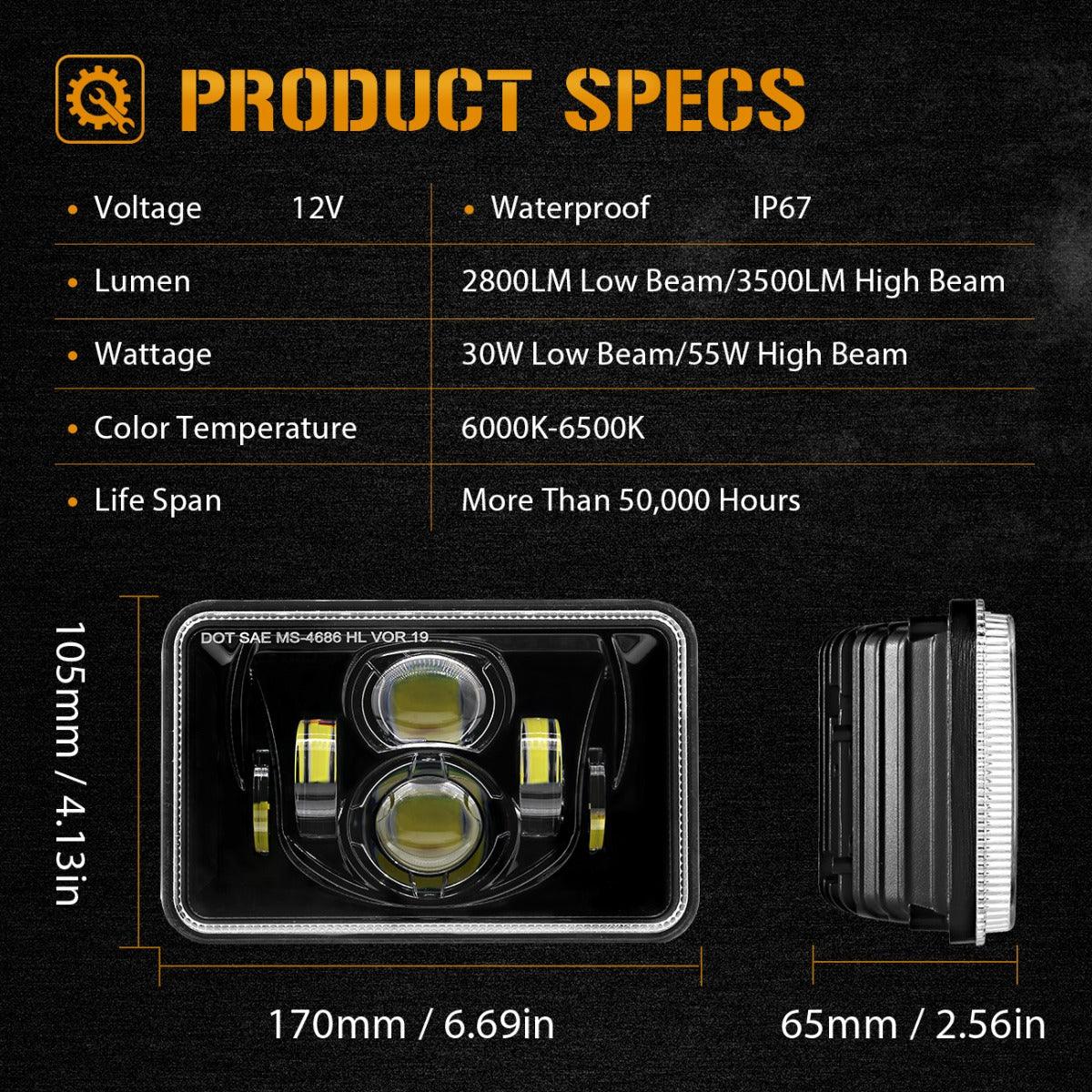 4X6 Inch 55W Rectangular LED Headlight Dot Approved Black