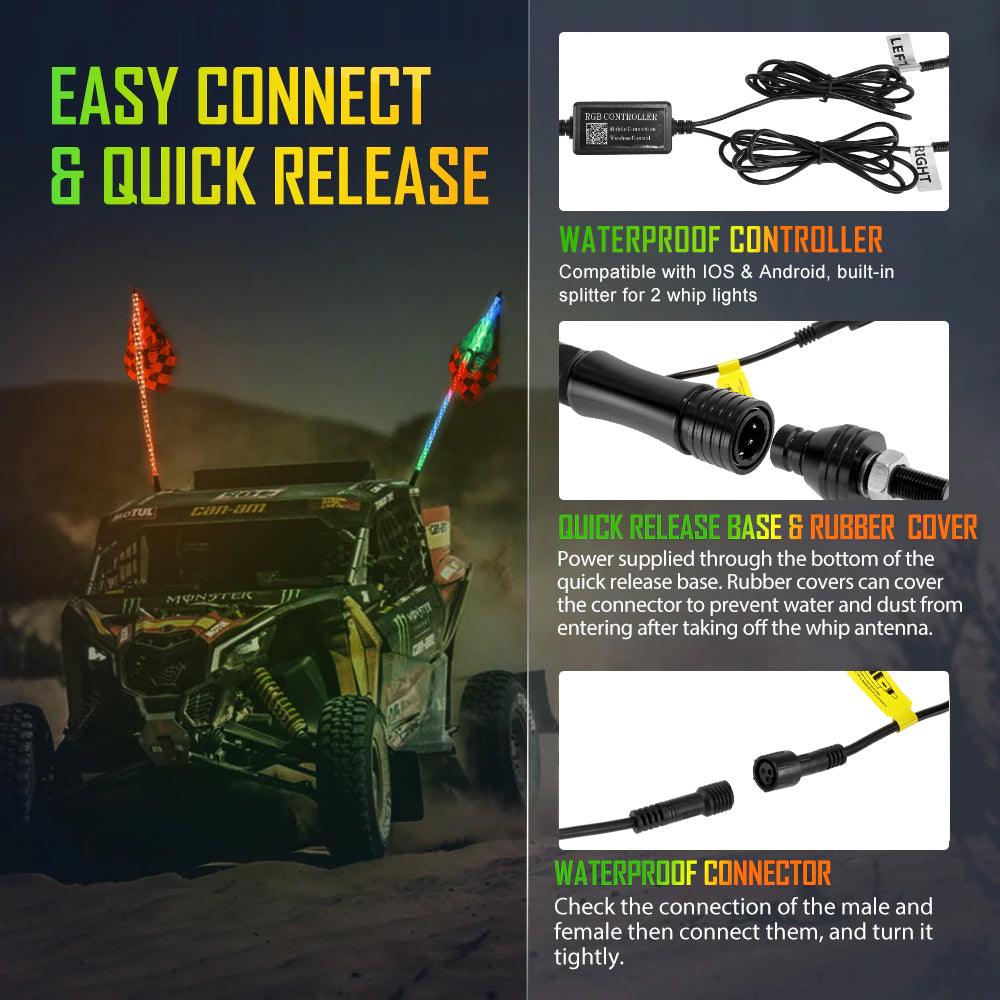 (2pcs/set) 3FT/4FT LED RGB Whip Lights with Turn Signal & Brake Light, Bluetooth APP/ Remote Control