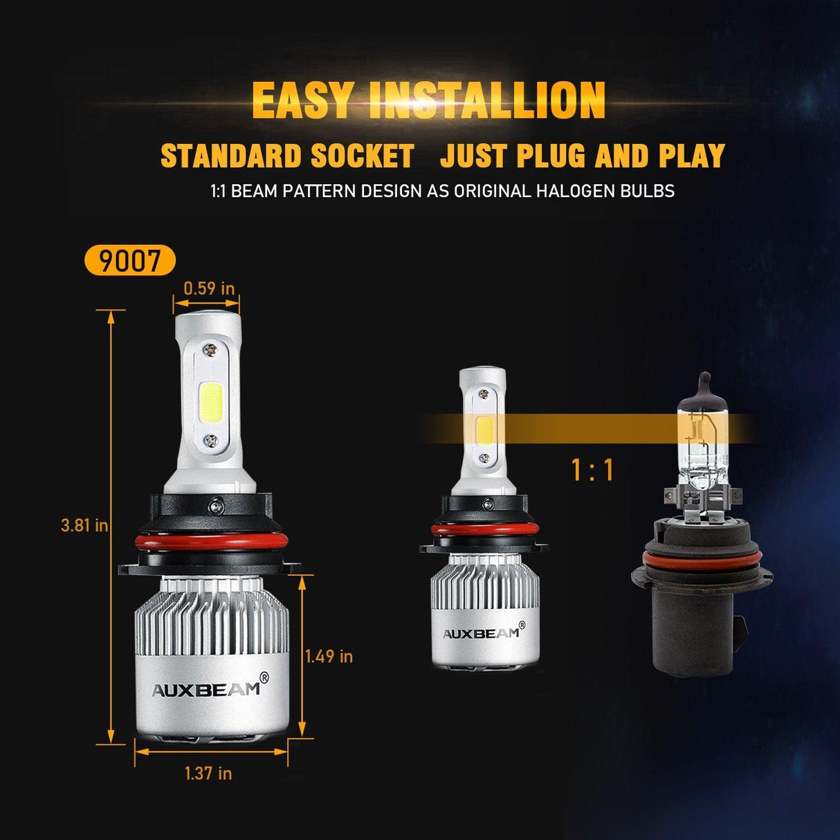 9007/HB5 LED Headlight Bulbs 72W 8000ML S2 Series Super Brightes COB 6500K Cool White | 2 Bulbs