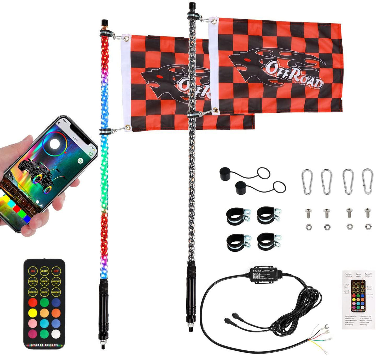 3FT/4FT LED RGB Whip Lights with Bluetooth/ Remote Controlled & Black Universal Flagpole Light Mount for all UTVs with 1.75" to 2" Roll Cage