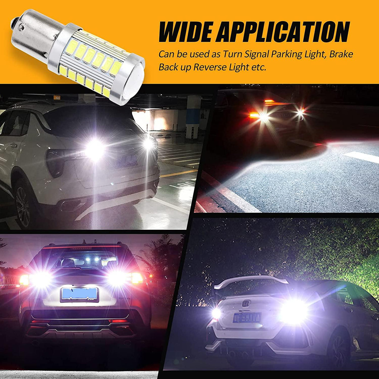 1156 P21W BA15S LED Turn Signal Light Rear/Front, Side Maker Light Bulbs 20W 4000LM 3500K Amber 33LED Series | 2 Bulbs