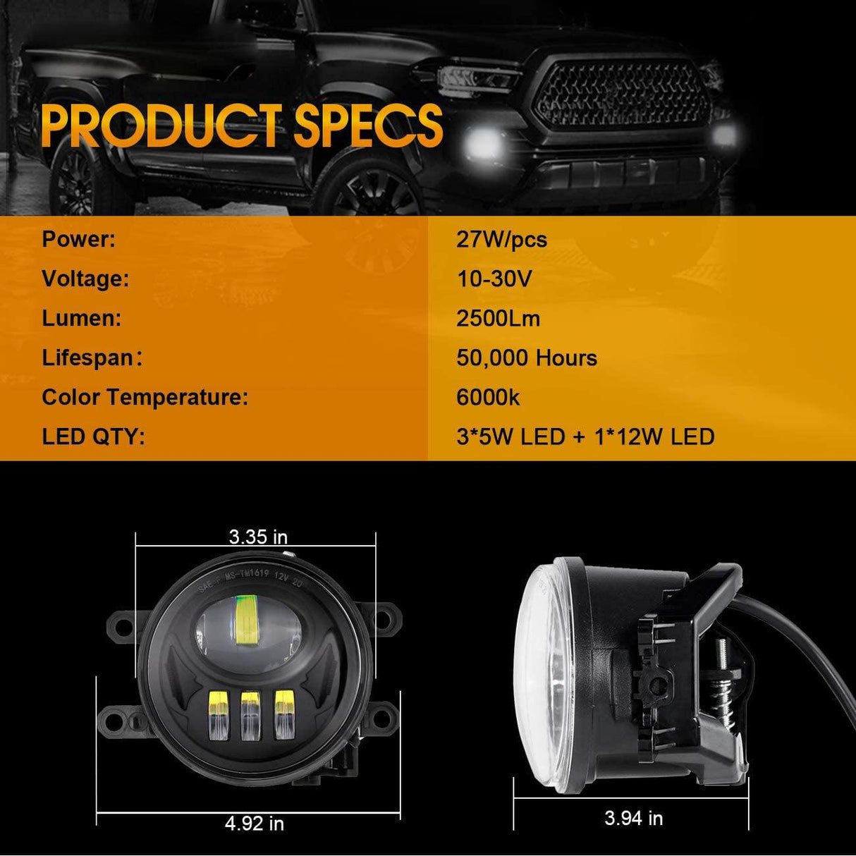 (2pcs/set) 27W Black Fog Lamp Replacement for Toyota Tacoma 2016 2017 2018 2019