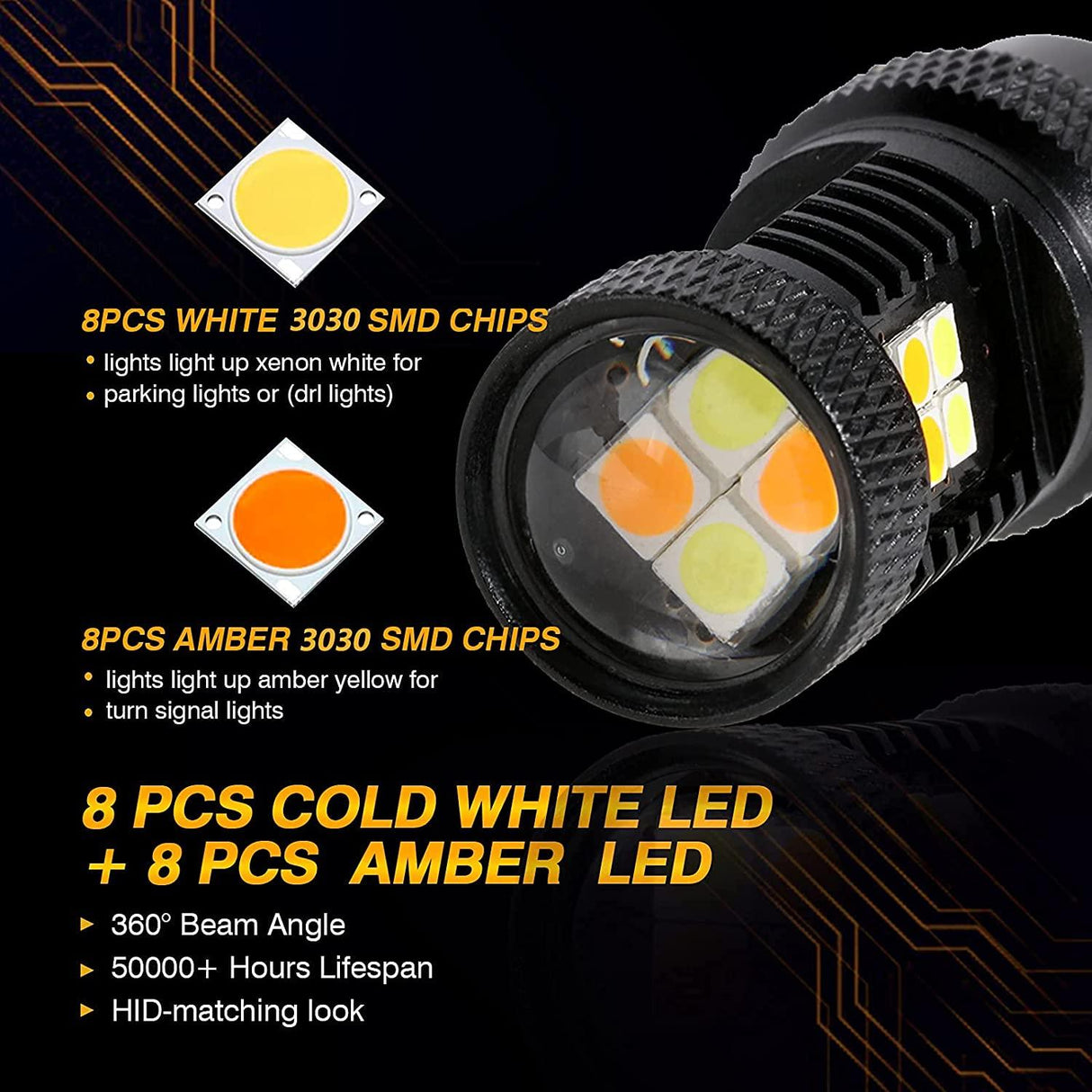 T25 3157 3156 LED Front Turn Signal & DRL Light Bulbs 300% High Brightness Dual Color Switchback White & Amber | 2 Bulbs