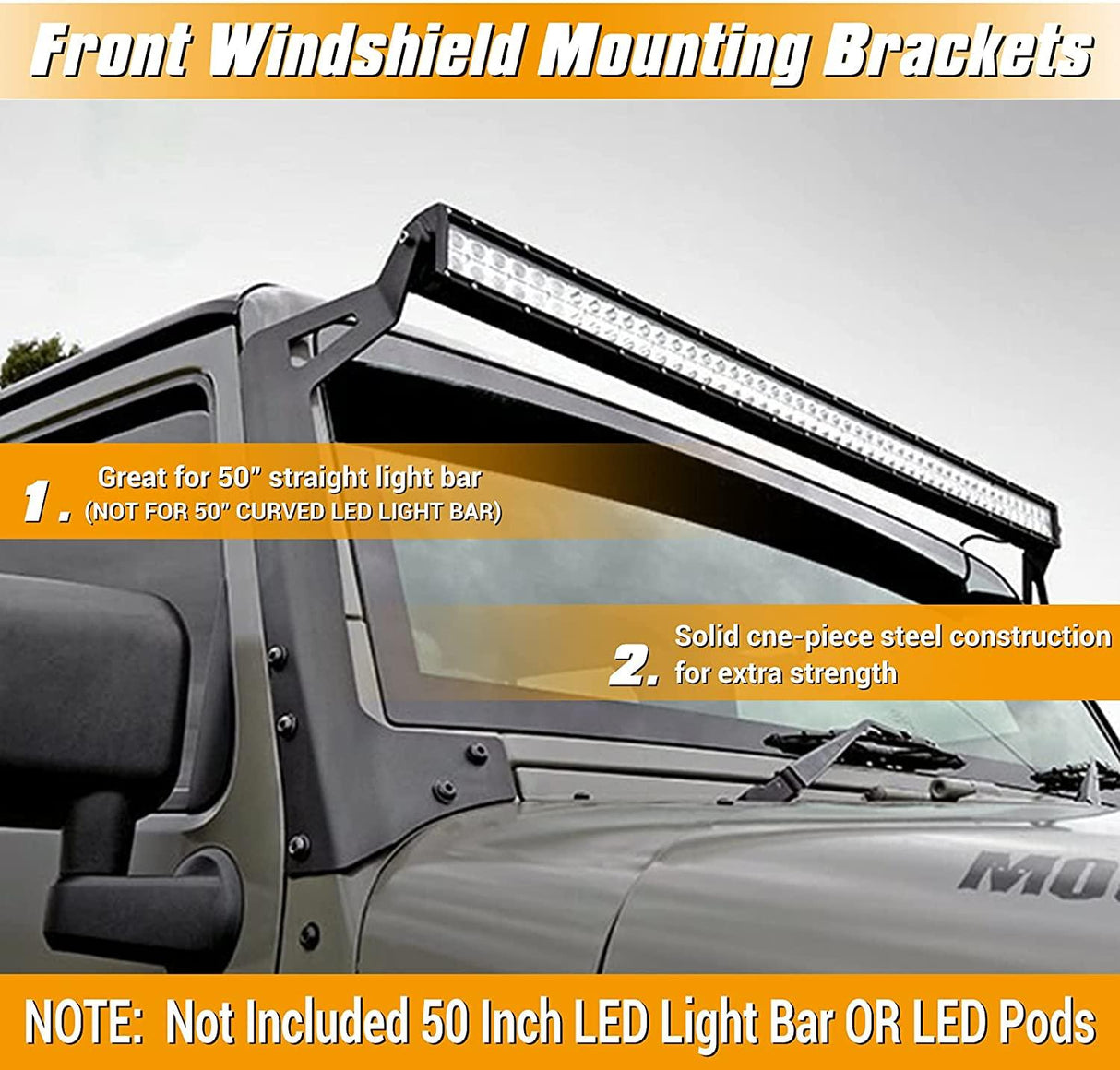50" Straight Light Bar Windshield Mounting Brackets for 1997-2006 Jeep Wrangler TJ