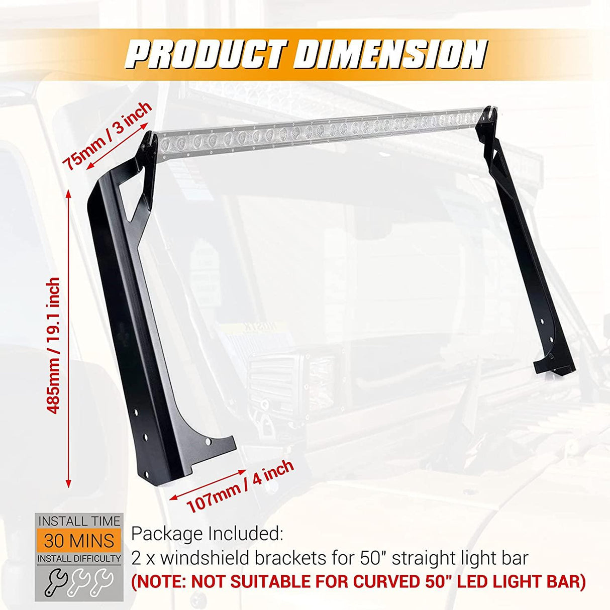 50" Straight Light Bar Windshield Mounting Brackets for 1997-2006 Jeep Wrangler TJ