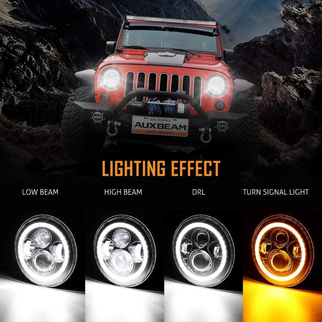 7 Inch LED Headlight Replacement with Halo Ring+ H4 LED Headlight Brightness Intensifier Wiring Harness for Jeep Wrangler JK TJ LJ