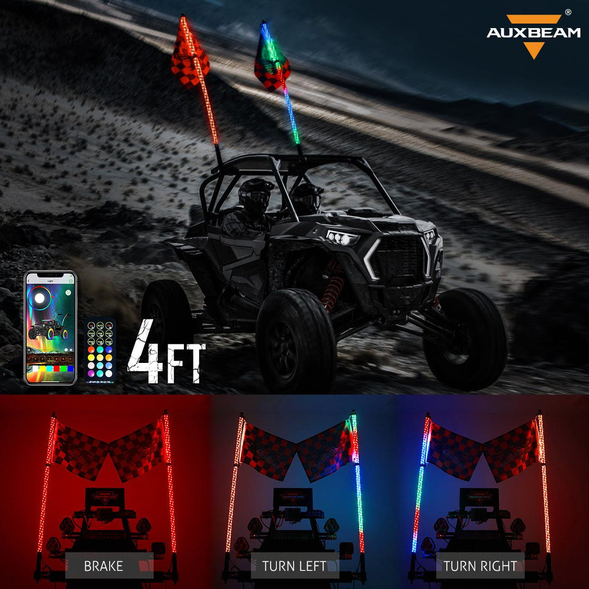 3FT/4FT LED RGB Whip Lights with Bluetooth/ Remote Controlled & Red Universal Flagpole Light Mount for all UTVs with 1.75" to 2" Roll Cage