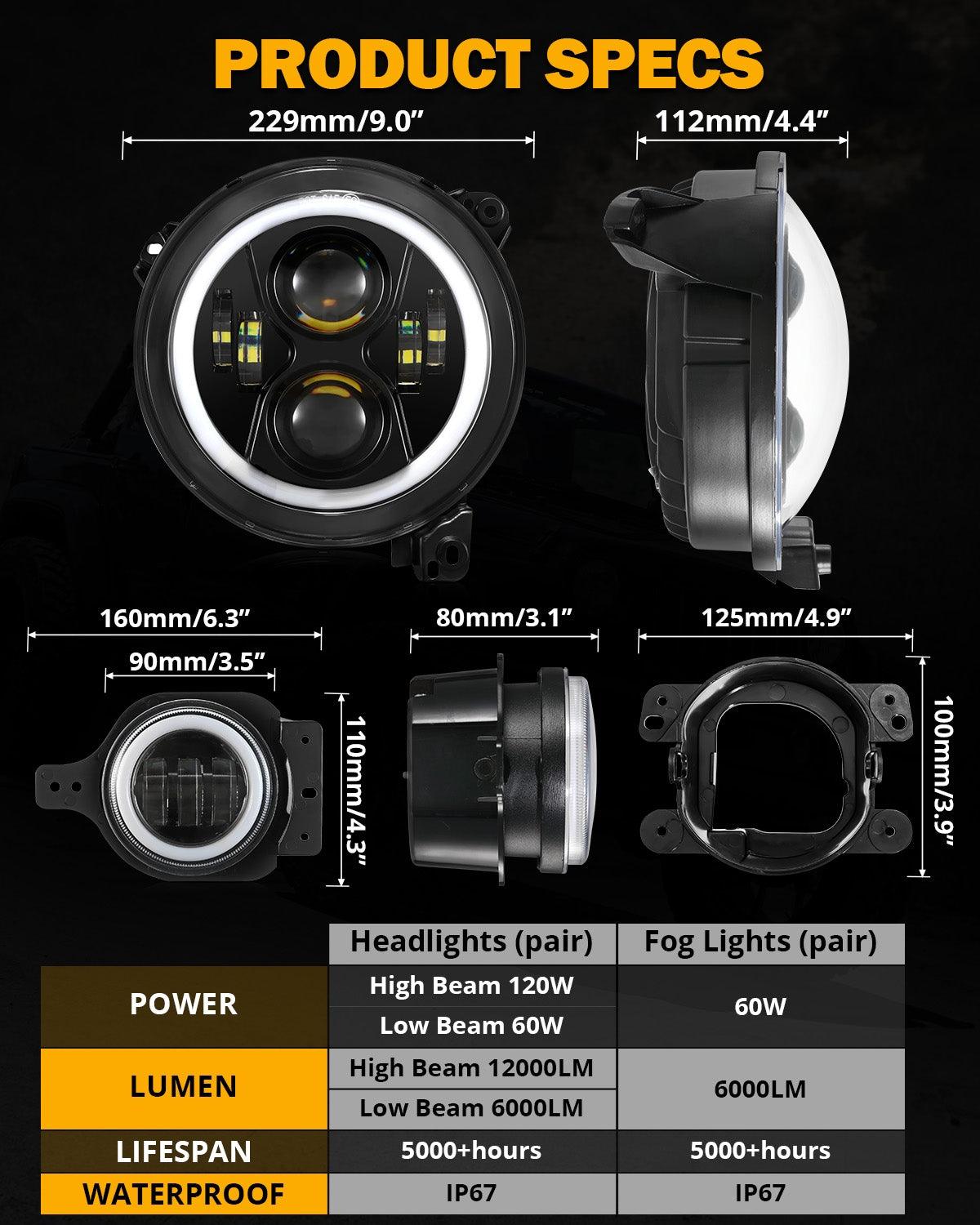 Upgraded RGB 9 Inch Headlights + 4 Inch Fog Lights Combo for Jeep Wrangler JL with APP Control