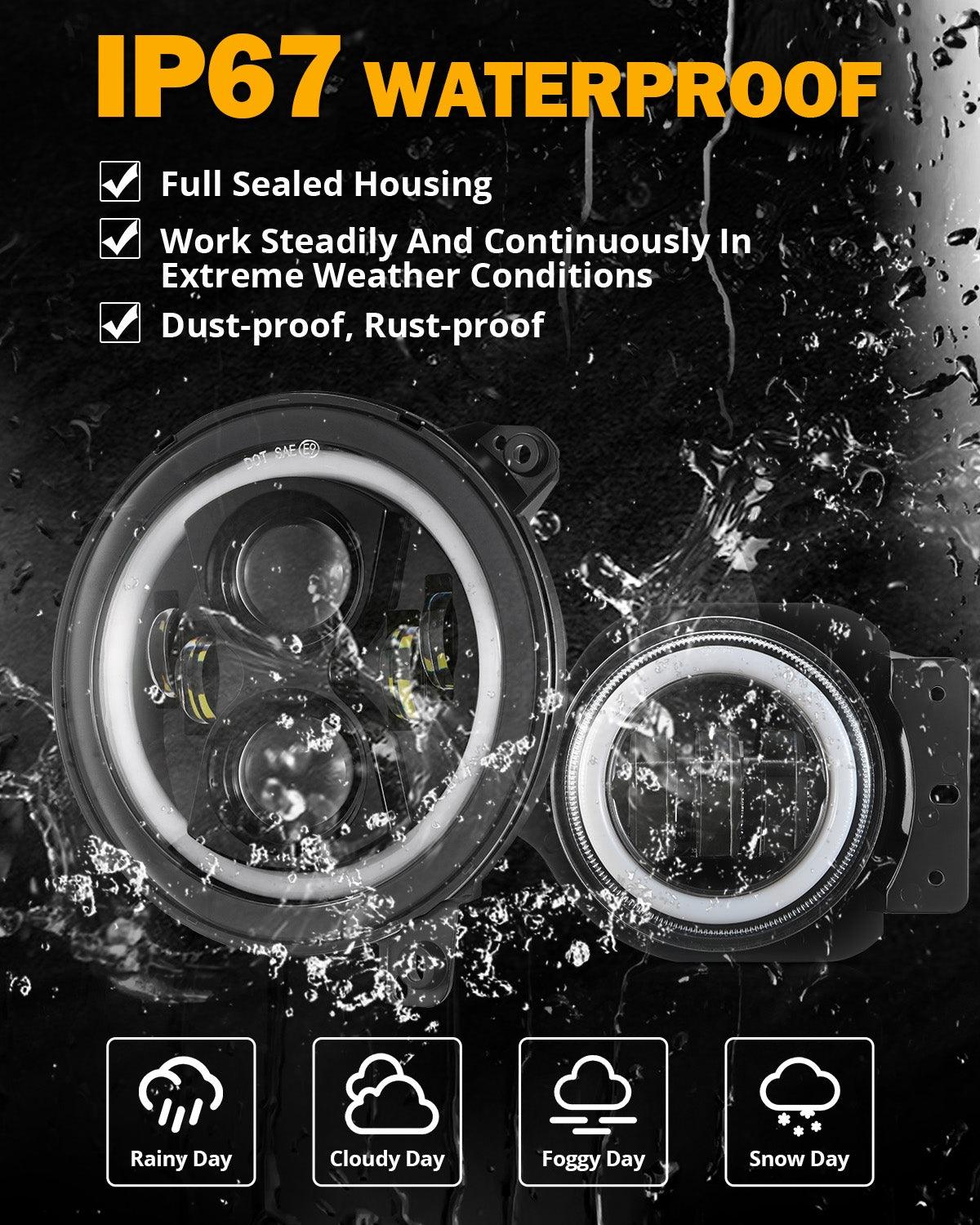 Upgraded RGB 9 Inch Headlights + 4 Inch Fog Lights Combo for Jeep Wrangler JL with APP Control