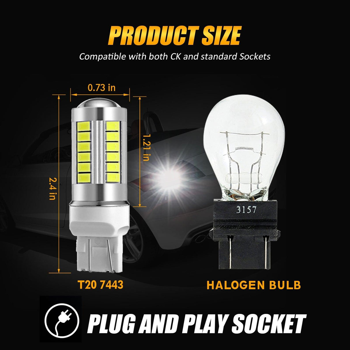 T20 7443 7440 LED Backup Reverse/Turn Signal/Brake Tail Light 20W 4000LM 6500K White 33LED Series | 2 Bulbs