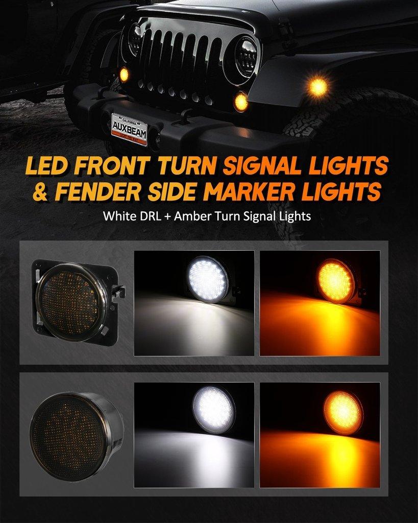 7'' LED Headlight Replacement + 4'' LED Fog Light + LED Smoke Tail Light + Front Turn Signal & Fender Flares Side Marker Light for Jeep Wrangler JK