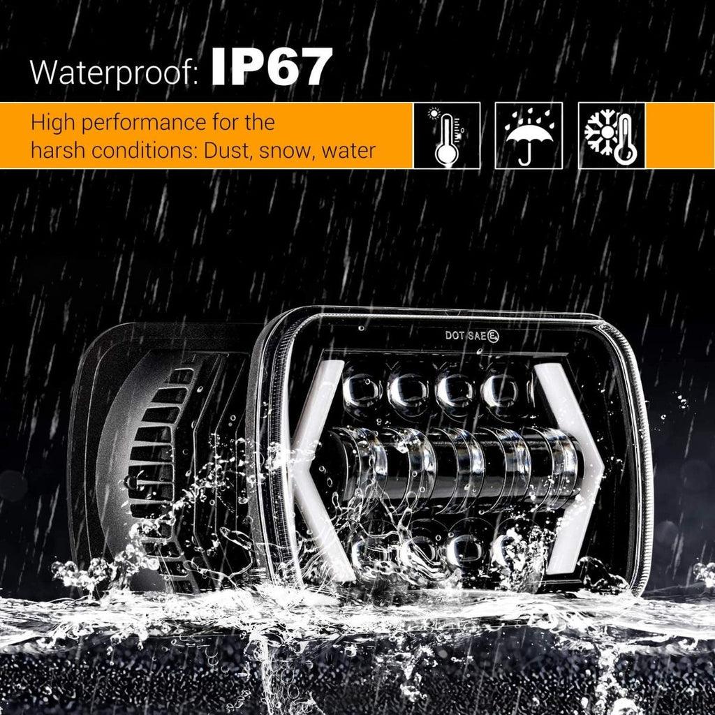 7x6 Inch LED Projector Headlights with Hi-Lo Beam & Halo Ring DRL + H4 LED Headlight Brightness Intensifier Wiring Harness