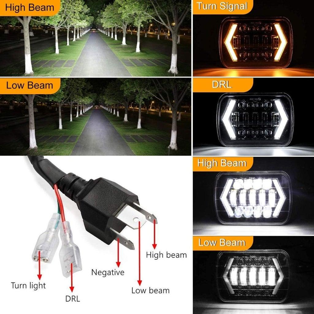 7x6 Inch LED Projector Headlights with Hi-Lo Beam & Halo Ring DRL + H4 LED Headlight Brightness Intensifier Wiring Harness