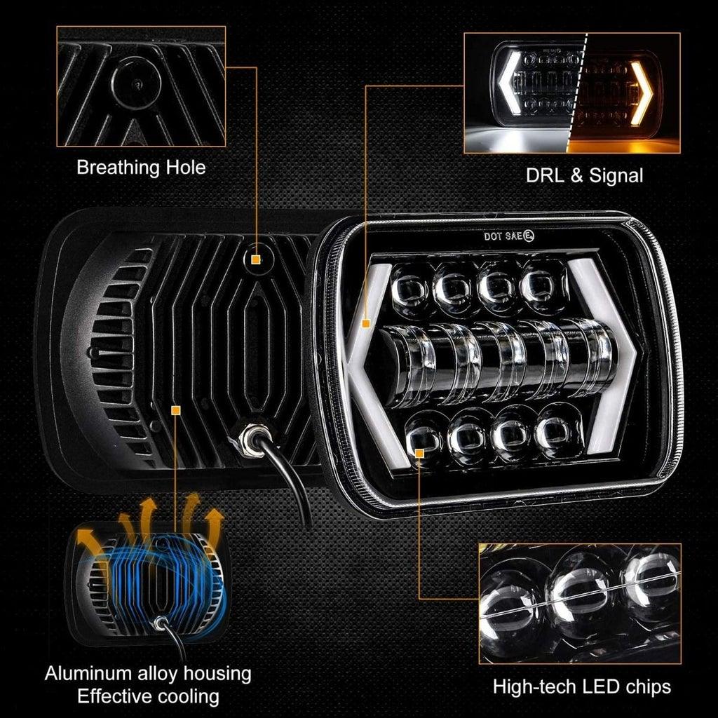 7x6 Inch LED Projector Headlights with Hi-Lo Beam & Halo Ring DRL + H4 LED Headlight Brightness Intensifier Wiring Harness