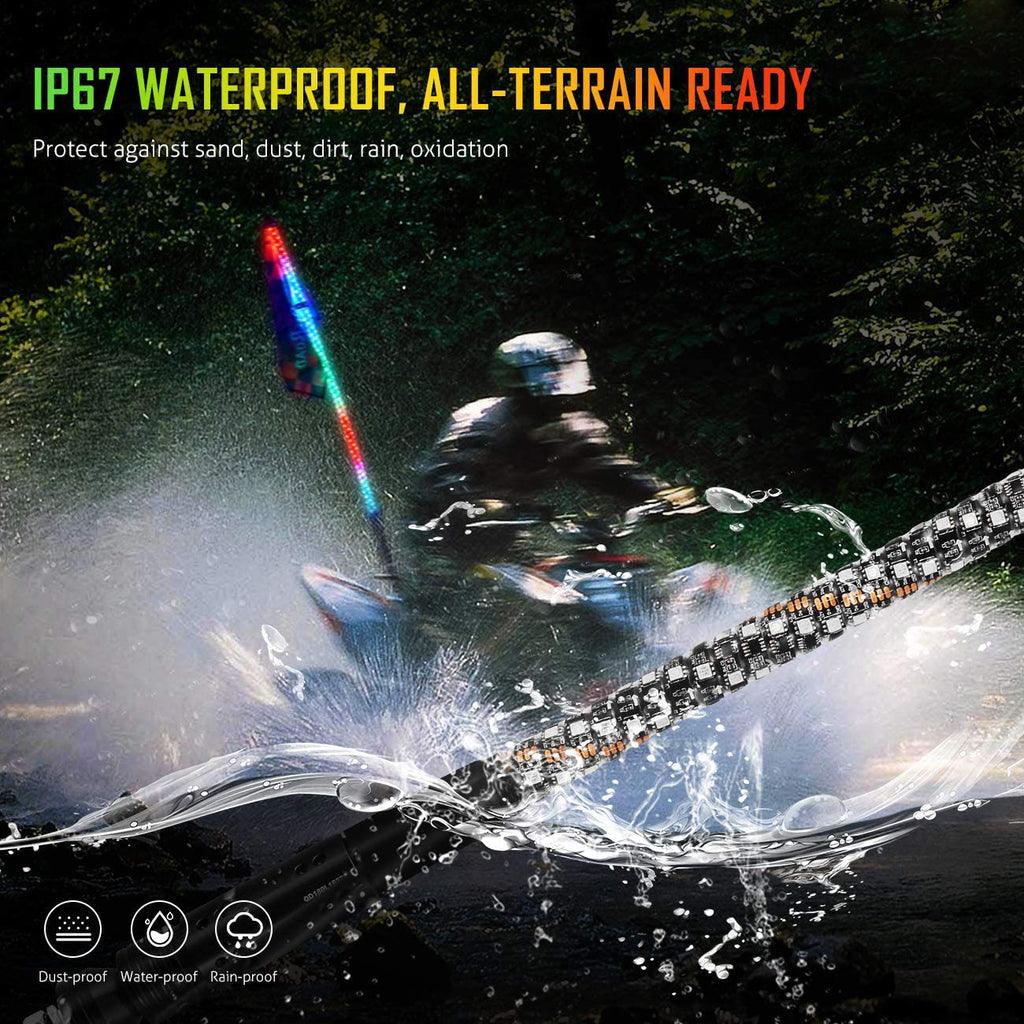 2Pcs 4FT RGB LED Whip Lights with Turn Signal & Brake Light + RGB LED Rock Lights Set with Bluetooth Controlled