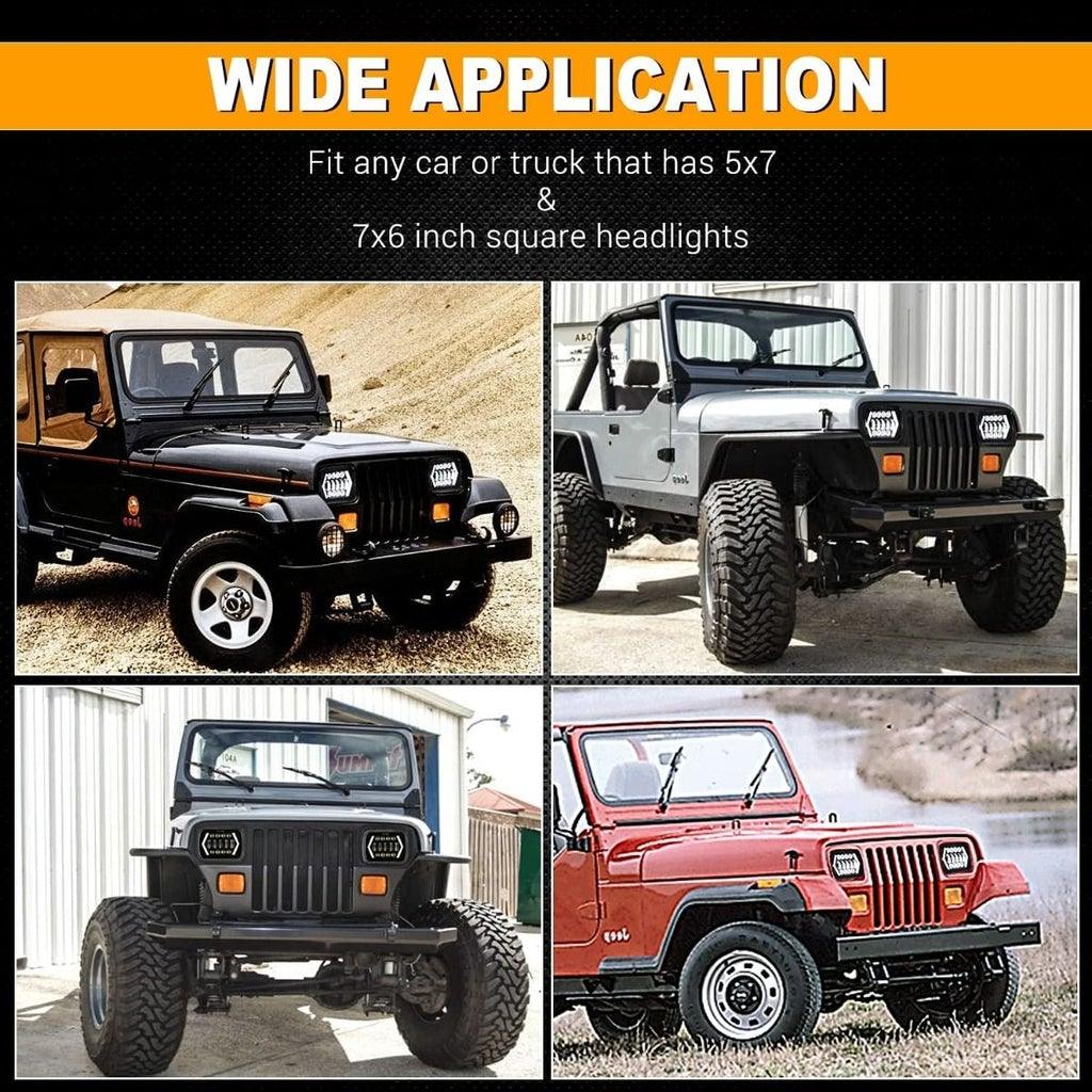 7x6 Inch LED Projector Headlights + H4 LED Headlight Brightness Intensifier Wiring Harness for Jeep Wrangler YJ XJ MJ