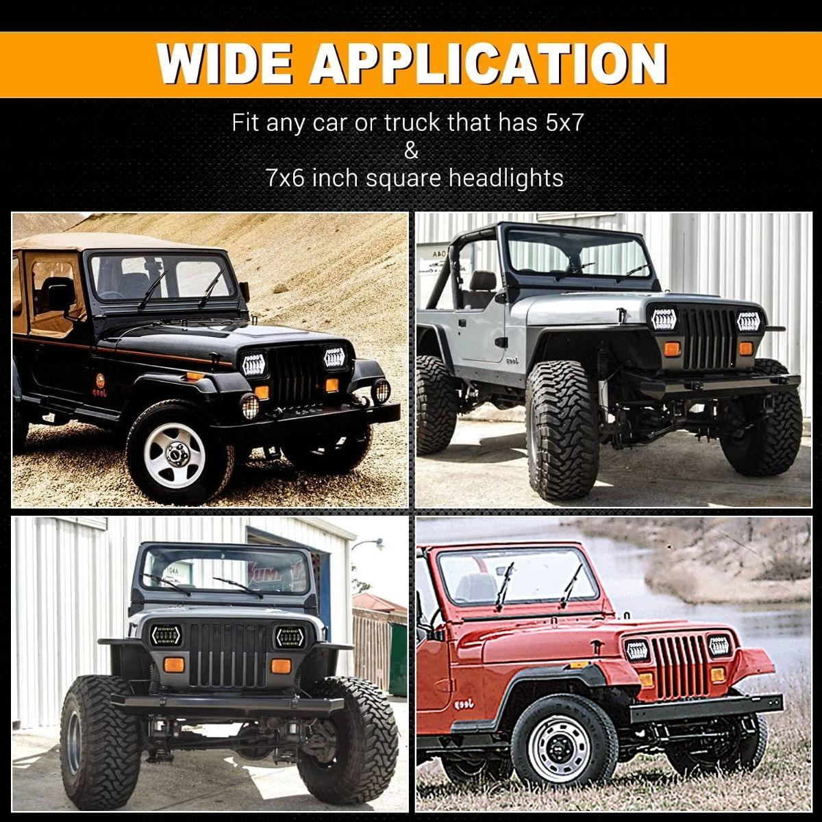 (2pcs/set) 7x6 Inch LED Projector Headlights with Hi-Lo Beam & Halo Ring DRL for Jeep Wrangler YJ XJ MJ