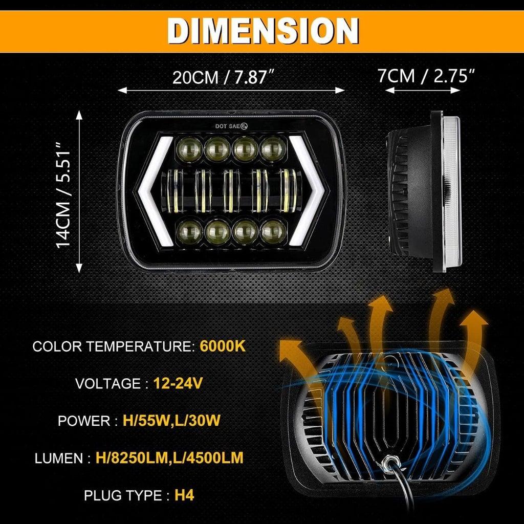7x6 Inch LED Projector Headlights with Hi-Lo Beam & Halo Ring DRL + H4 LED Headlight Brightness Intensifier Wiring Harness