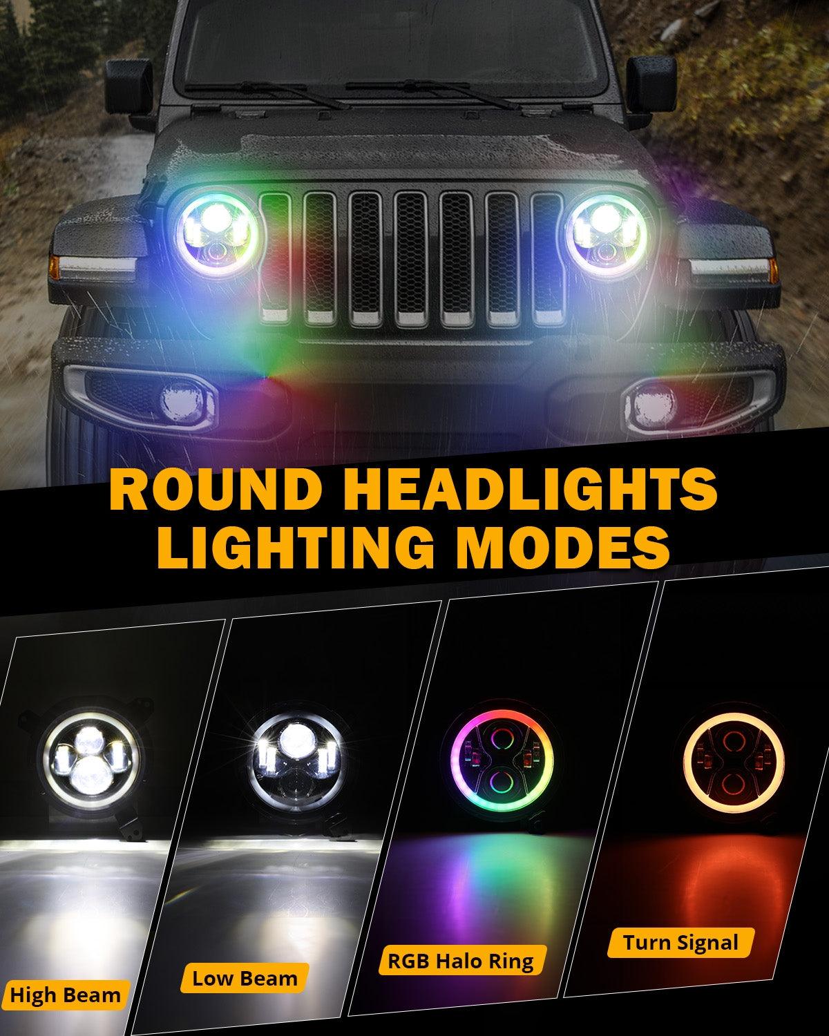 Upgraded RGB 9 Inch Headlights + 4 Inch Fog Lights Combo for Jeep Wrangler JL with APP Control
