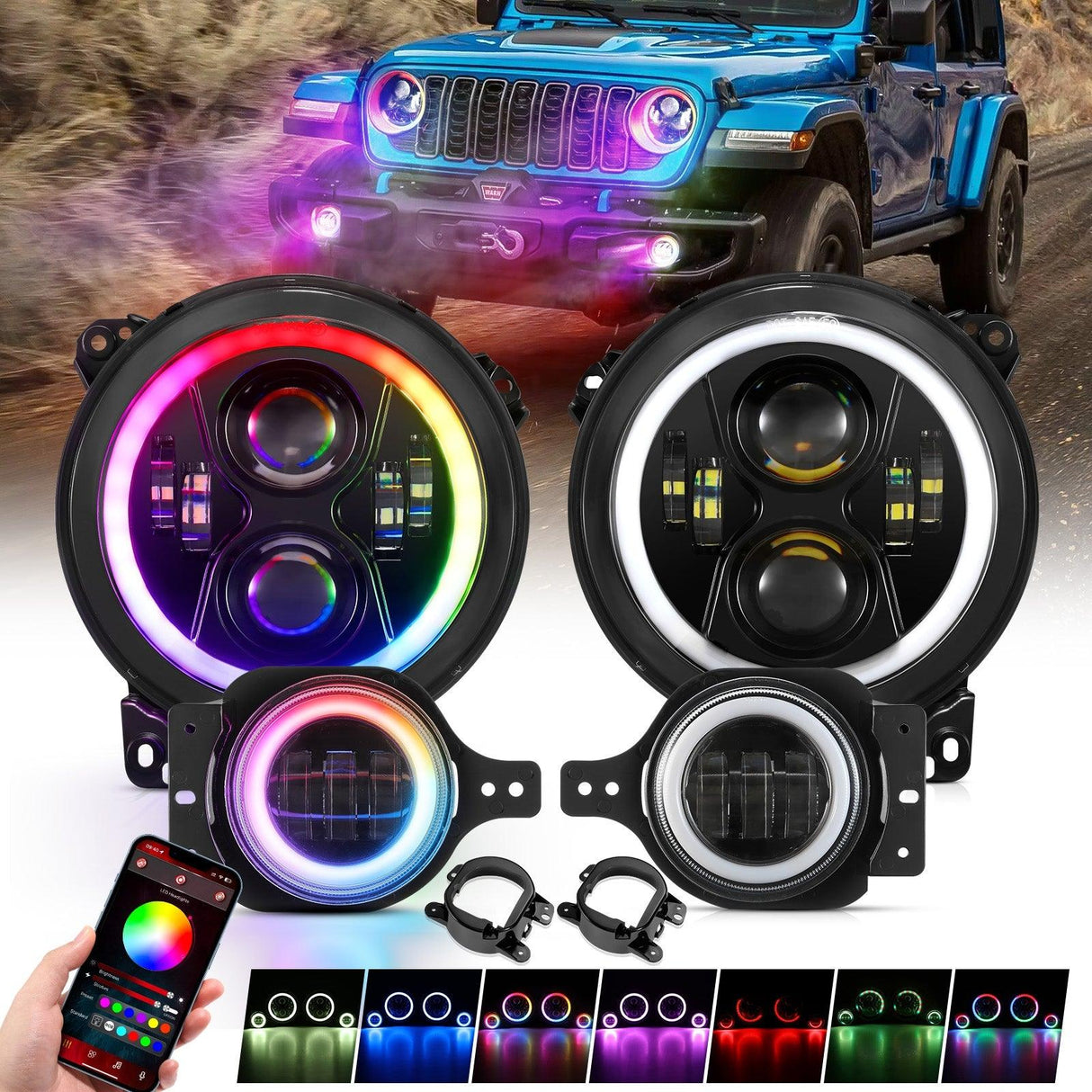 Upgraded RGB 9 Inch Headlights + 4 Inch Fog Lights Combo for Jeep Wrangler JL with APP Control