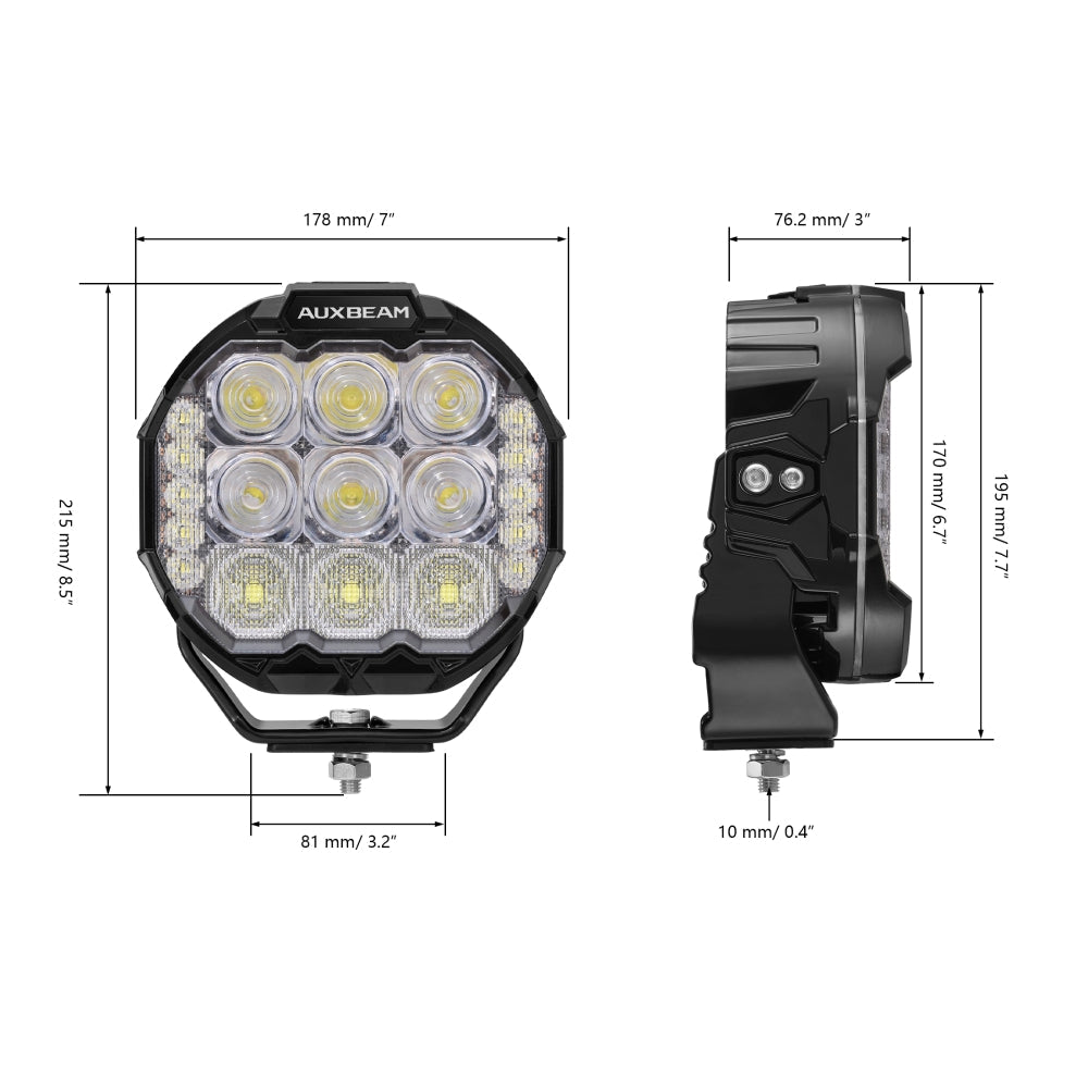 Auxbeam MASTER-T Series 7" Combo Beam Off-Road Lights Amber Backlight